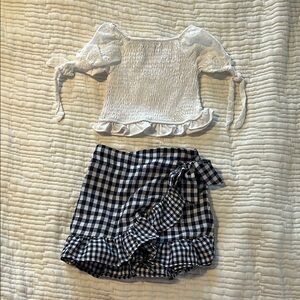 White Smocked Top and Blue Gingham Skirt Set